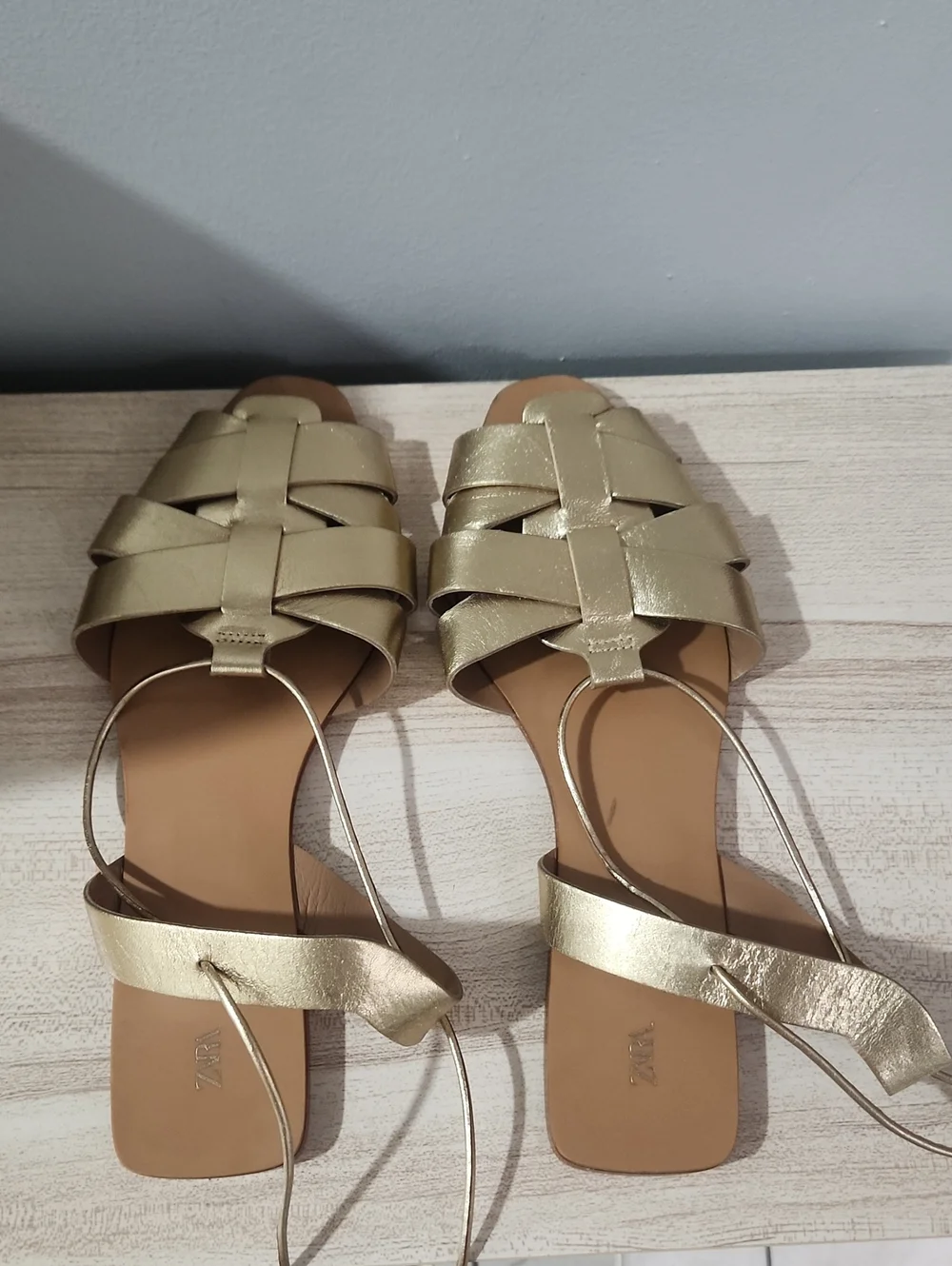 Zara Metallic Gold Woven Lace-Up Flat Sandals - Picture 1 of 4